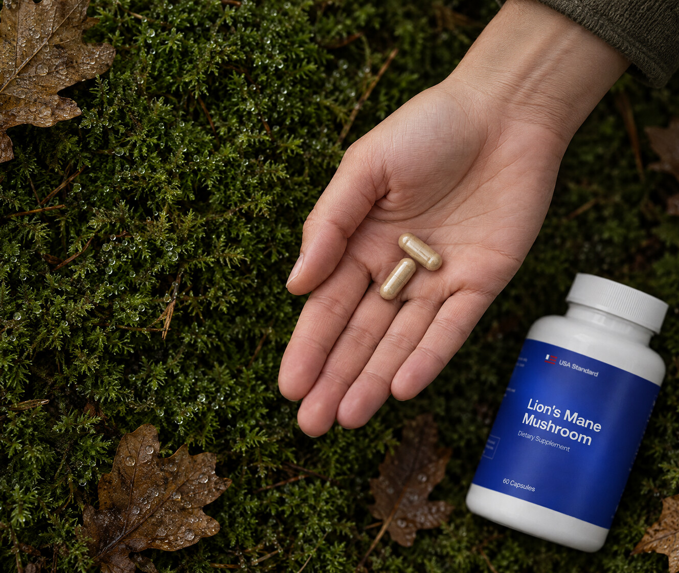 A hand holding capsules above moss